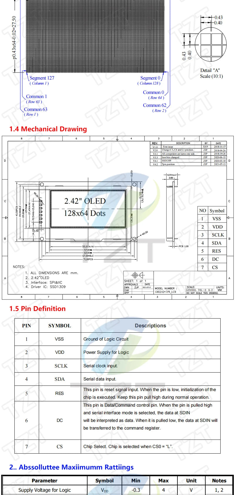 2.42 inch 2.42" OLED Display Module 128x64 LCD HD Screen Module SSD1309 7 Pin SPI/IIC I2C Serial Interface for Arduino UNO R3