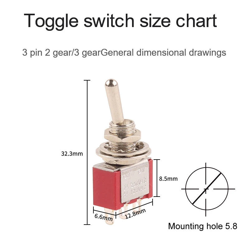 5PCS 6mm Miniature Toggle Switch MTS 102/103/202/203/302/304/402/403 ON-OFF-ON 5A125V 2A250V 3/6/9/12 Pin Mounting Equipment