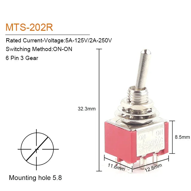 5PCS 6mm Miniature Toggle Switch MTS 102/103/202/203/302/304/402/403 ON-OFF-ON 5A125V 2A250V 3/6/9/12 Pin Mounting Equipment