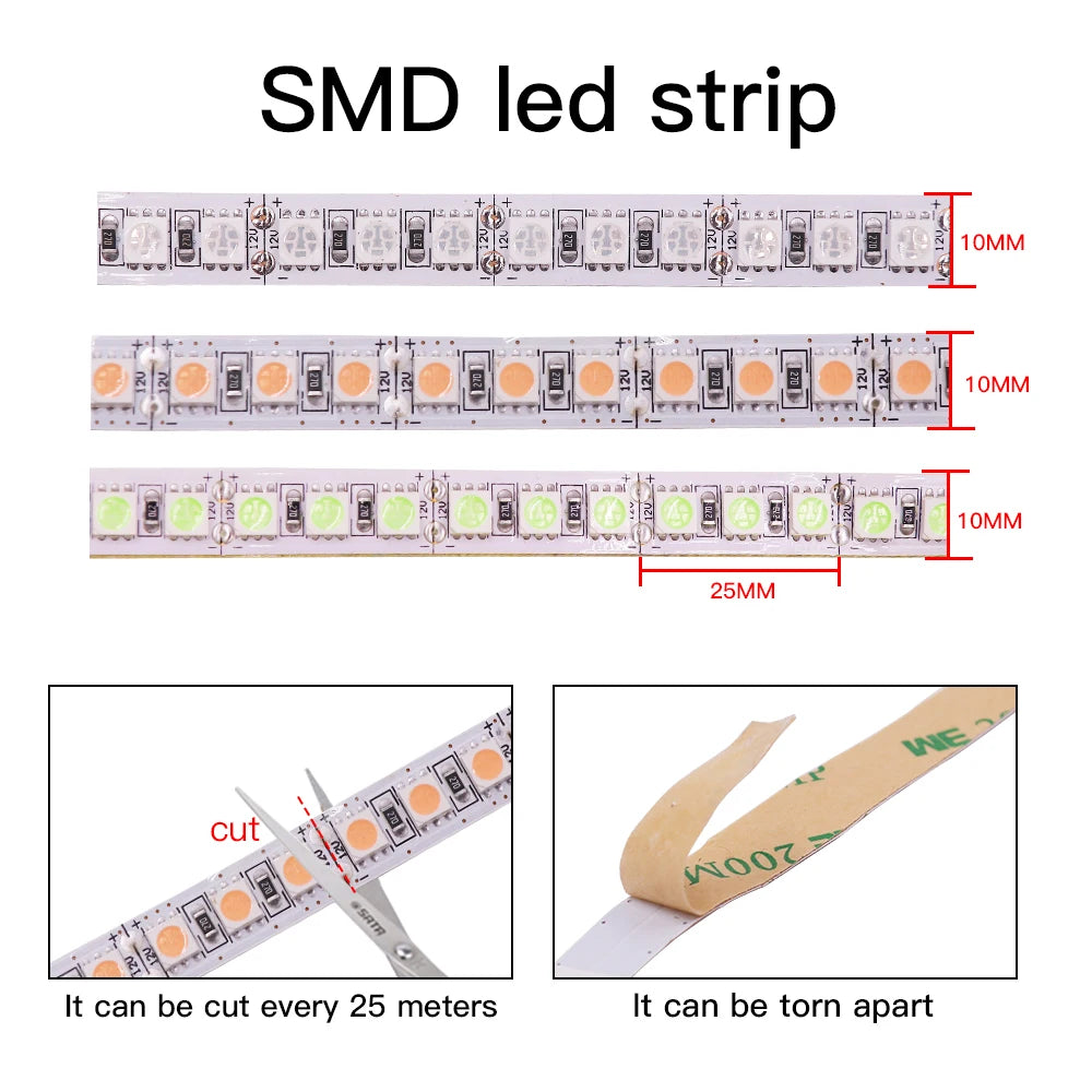 DC12V LED Strip 5050 5054 2835 120 240LEDs/M High Bright White Red Blue Pink Yellow RGB Flexible Ribbon Tape Light Lamp 5m