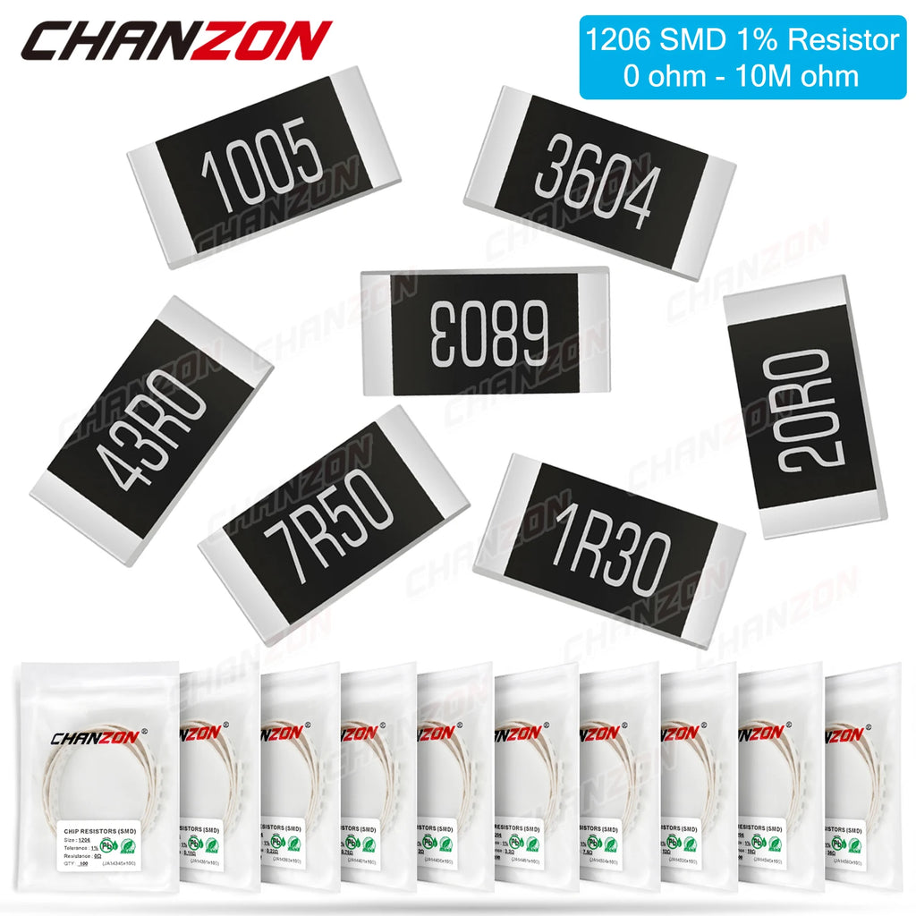 100Pcs SMD 1206 Resistors 0ohm - 10M Ohm 1/4W 1% High Precision Film Chip Fixed Resistance 0.01 0.22 4R7 100 220 330 1K 10K 300K