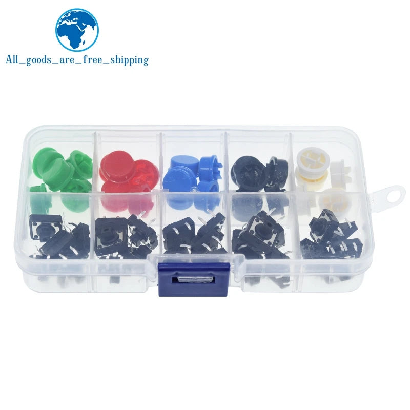 25PCS Tactile Push Button Switch Momentary TZT 12*12*7.3MM Micro switch button + 25PCS Tact Cap(5 colors) for Arduino with Case
