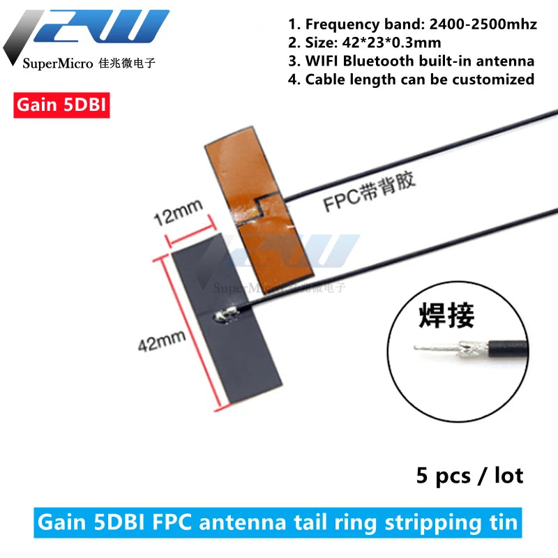 5 Pcs/Lot  WiFi 2.4G High Gain Built-in Flexible FPC Soft Antenna ZigBee Bluetooth Module Ipx Patch Antenna IPX to FPC Antenna