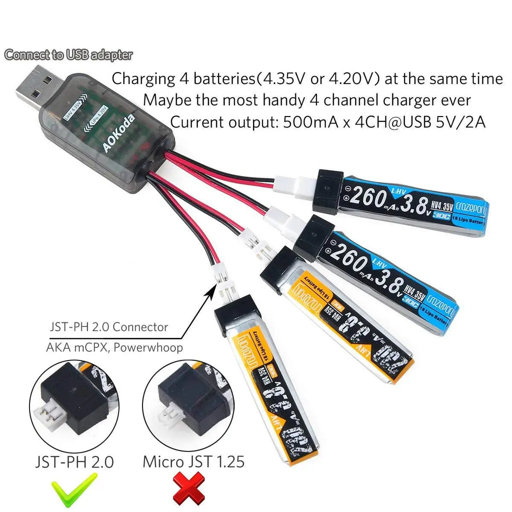 1pcs AOKoda CX405 4CH Micro USB Battery Charger Support 1S LiPo/LiHv 4.2V/4.35V Battery For RC Helicopter Airplane Toys Drone