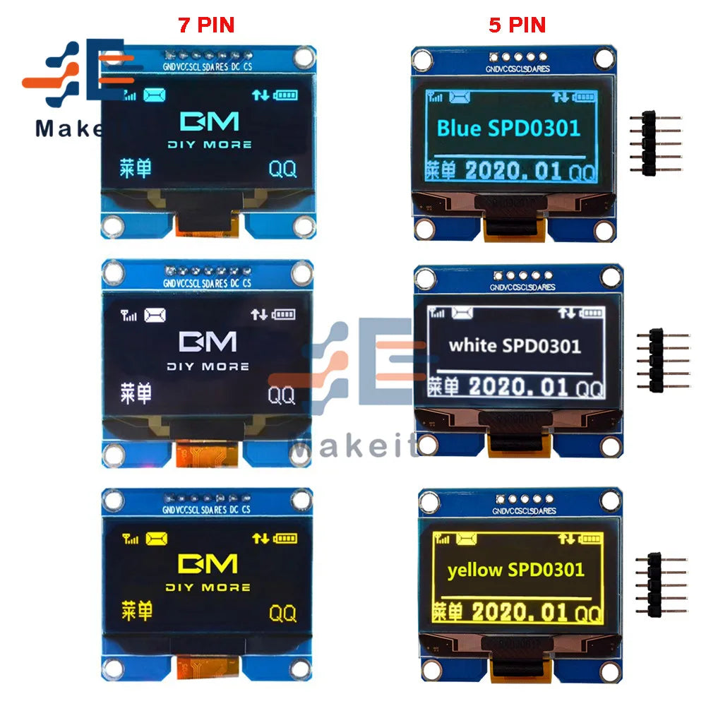 1.54 Inch OLED Module 5 Pin 7 Pin White Blue Yellow SPI IIC I2C Interface SSD1309 SPD0301 Driver 128x64 Display Screen Board