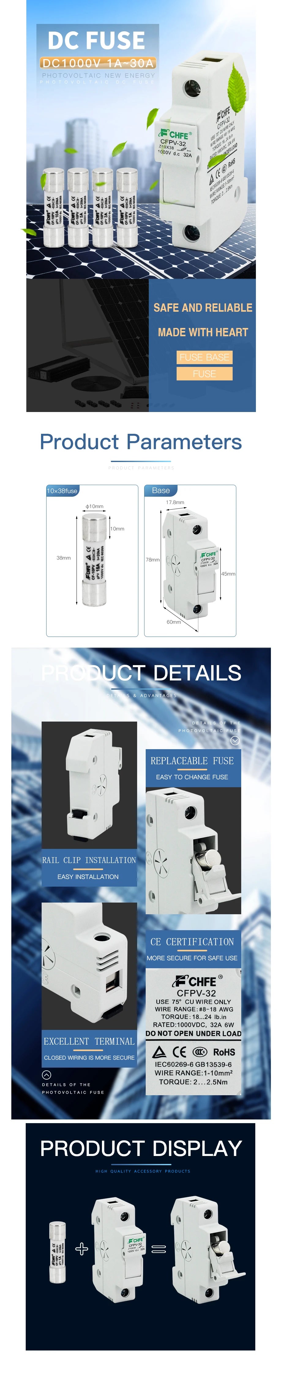 Photovoltaic Fuses 1000V DC Fuse Holder 10x38 GPV PV Solar Fuse System Protection Electrical Equipment Supplies Home Improvement