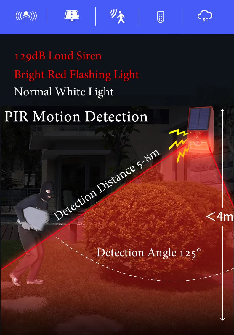 Multi-Function Solar PIR Motion Sensor Alarm Light Remote Control 129dB Siren For Home Garden Shed Caravan Farm Security Lamp