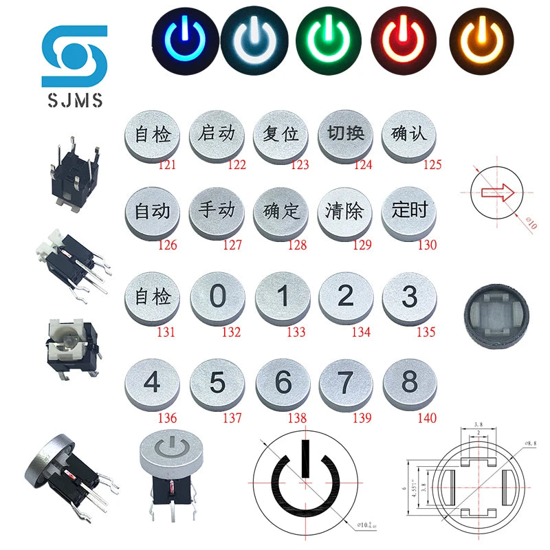 SJMS 5Pcs 6*6*9.5mm 6PIN DIP Through Hole Micro Push Button Tactile Momentary With LED Switch Tact Push Indication  Button mode