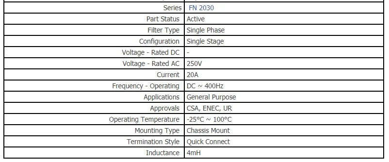 FN2030-20-06 LINE FILTER 250VAC 20A CHASS MNT