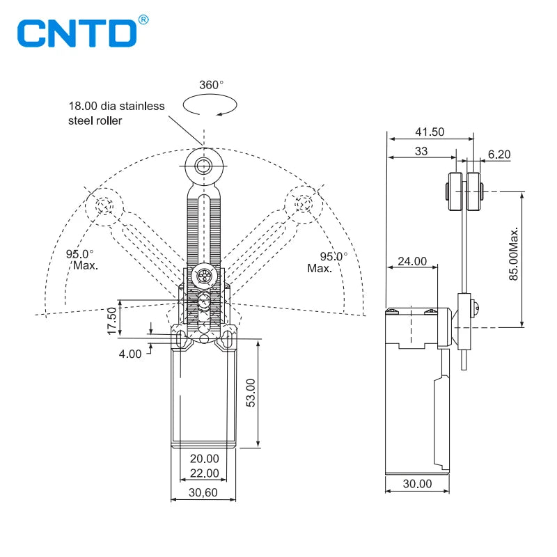 CNTD CLS-131 CLS Series Travel Limit Switch Water Resistant Oil Momentary Adjustable Two-Way Swivel Arm 1NO1NC 10A 250V TZ-9208