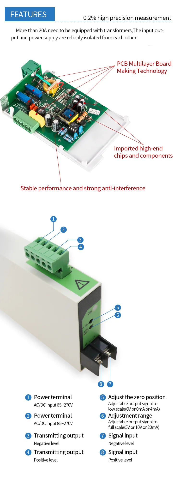 Input 0-10A Ac Transmitter Current Transducer Sturdy Fast Response Output Dc 0-5V Transmitter For Electrical Installations