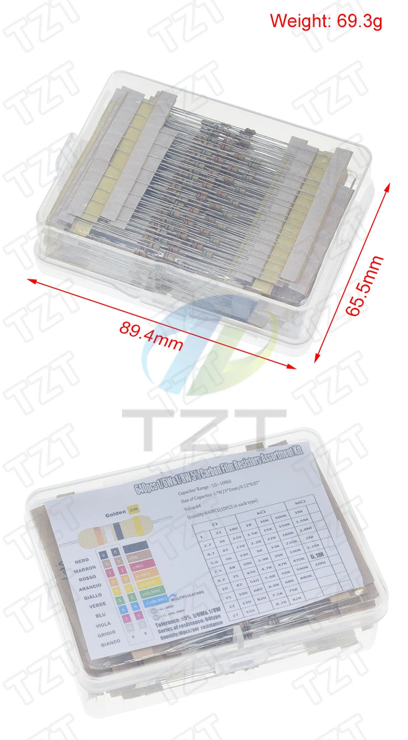 TZT 1/8W 5% 640pcs 64 Values 1R - 10MR 0.125W Carbon Film Resistors Assorted Kit Set