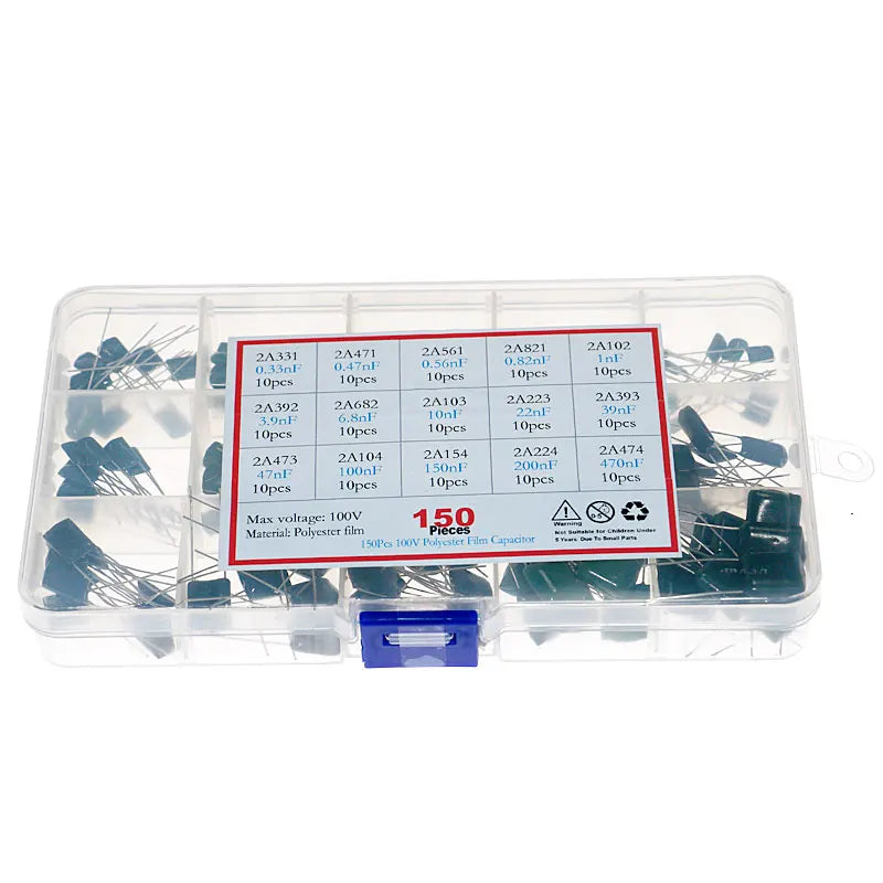 150pcs/Box 15 Values Mylar Polyester Film Capacitor Assortment Kit 0.22NF to 470NF / 100V with Plastic Case DIY