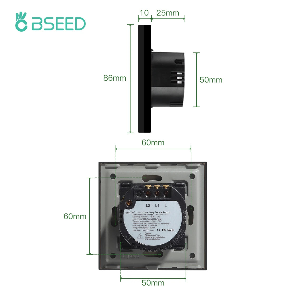 BSEED EU Standard 1/2/3Gang 2Way Wall Touch Switch Light Sensor Switches Wall Socket USB Type-C Crystal Glass Panel 240V Black