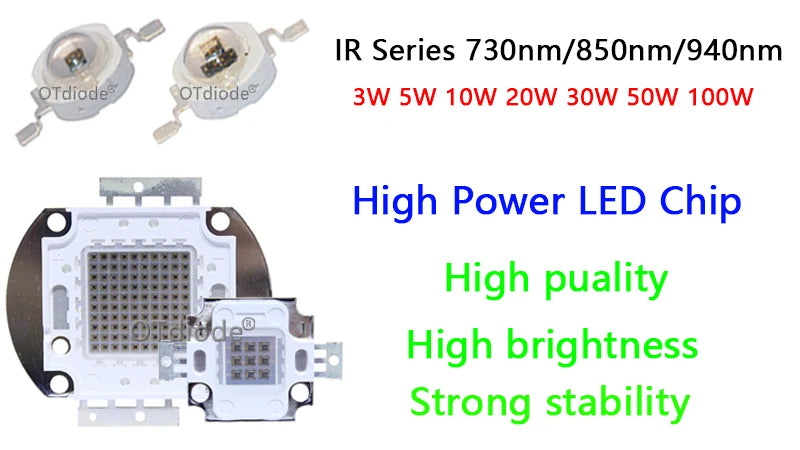 High Power LED Chip IR Infrared 850nm 3W 10W 20W 30W 50W 100W Emitter Diode COB Light Lamp Matrix 850 nm for Night Vision Camera