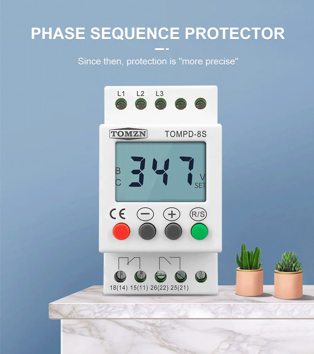 TOMZN 3 Phase Din Rail Adjustable Under Over Voltage Protector Voltage Monitoring Sequence Protection Relay