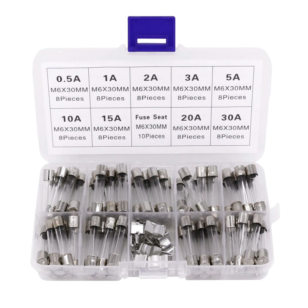 72pcs 6x30mm Fast-blow Glass Fuses Quick Blow Car Glass Tube Fuses Assorted and 10pcs Fuse Seat 6*30 Home Fuse with Box