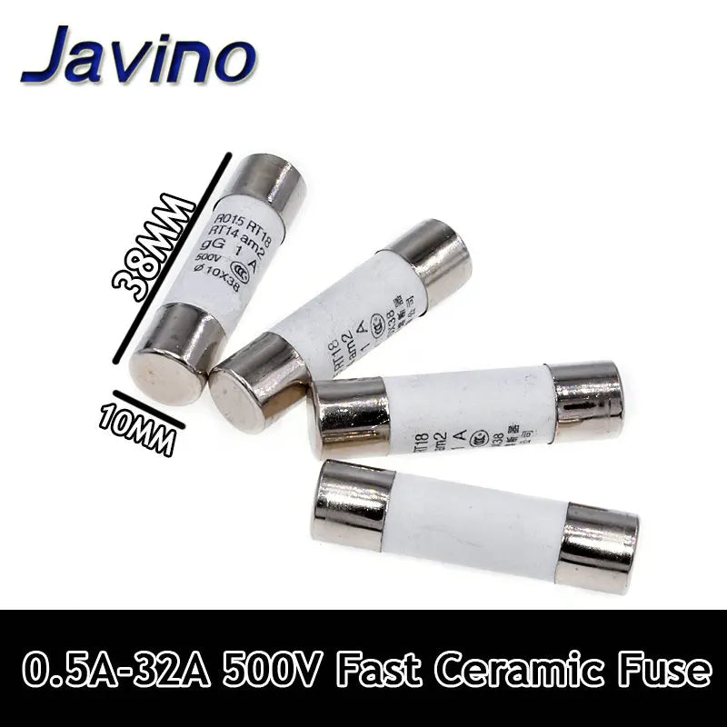 5-60Pcs Javino 10*38 Fast blow Ceramic Fuse 10x38mm Fuse 500V 0.5A 1A 2A 4A 5A 6A 8A 10A 16A 20A 32A RO15 RT18 RT14
