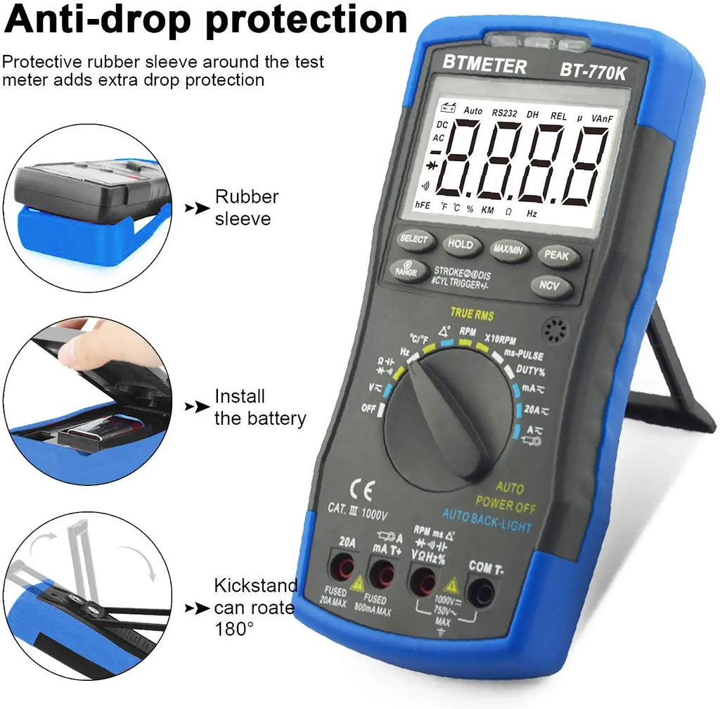 770K Automotive AC/DC Dwell Multimeter With Temperature Resistance Handsel RPM Indudctive Pick-up or AC/DC Current Clamp Adapter