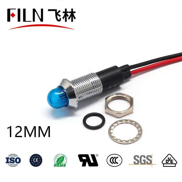 FILN 12mm LED Metal Indicator Light Waterproof IP67 Signal Lamp 3V 6V 12V 24V 110V 220V Red Yellow Blue Green White Pilot Seal