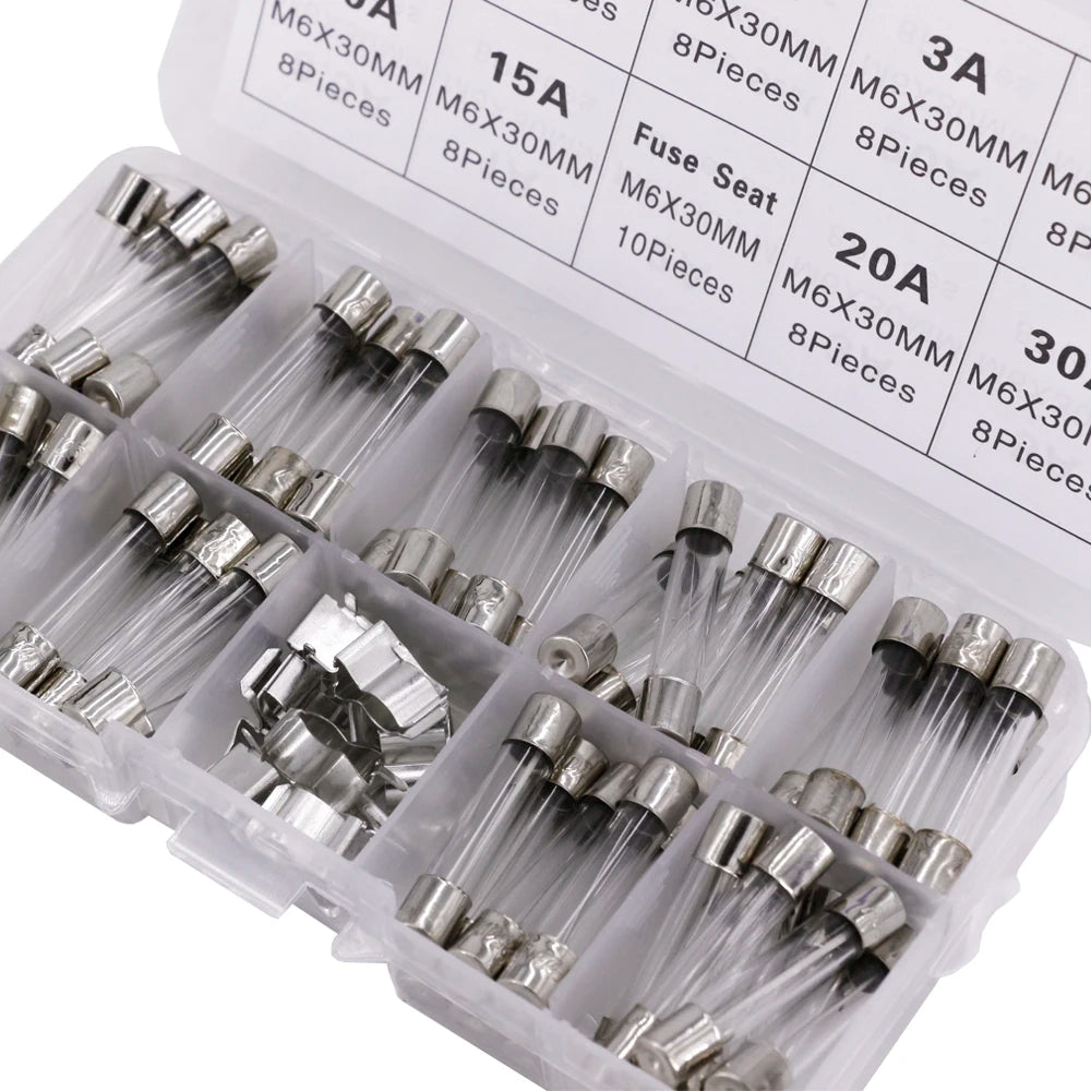 72pcs 6x30mm Fast-blow Glass Fuses Quick Blow Car Glass Tube Fuses Assorted and 10pcs Fuse Seat 6*30 Home Fuse with Box
