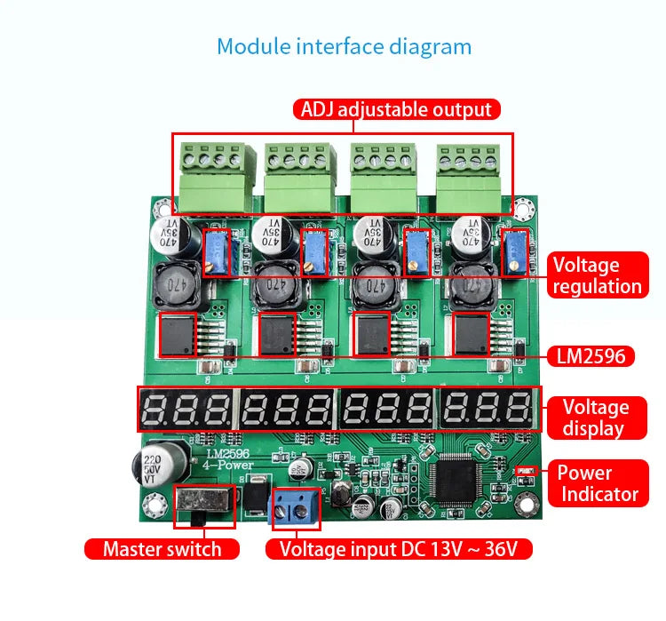 LM2596 Multi-channel Switching Power Supply Module 4-channel Digital Display DC-DC Adjustable Step-down Buck Output Power Board