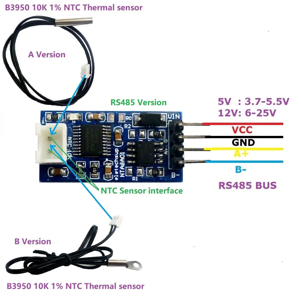 DC 5V 12V 24V RS485 RS232 TTL Modbus Rtu NTC Thermistor Temperature Sensor Remote acquisition monitor Module B3950 10K 1%