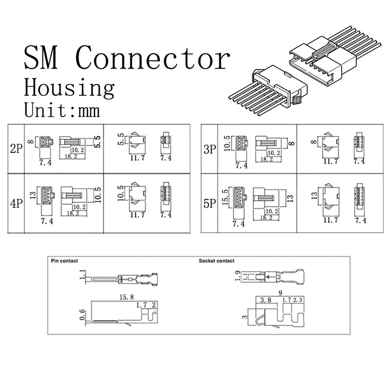 200Pcs/Box SM 2.54 JST 2P 3P 4P 5Pin Male Female Crimp Terminal Housing LED Connector Combination Kit SM-2P SM-2R