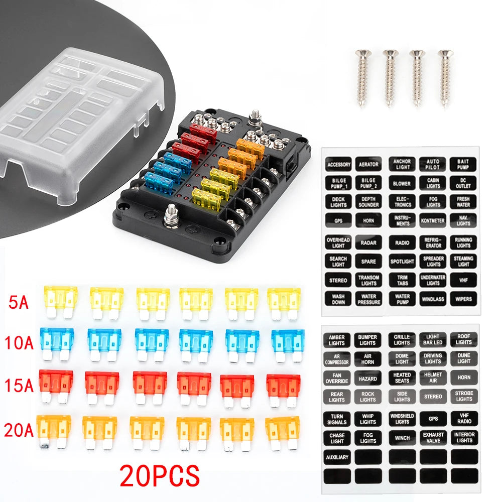 DaierTek 12 Ways Blade Fuse 12V 32V Car Boat Fuse Box Holder With Plastic Cover For Power Panel Board Camper RV Accessories