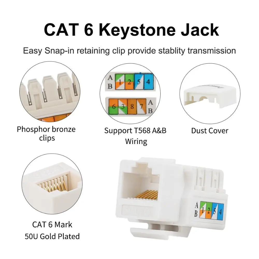 AMPCOM CAT6 Keystone Jack Snap-in RJ45 Punch-Down Cat.6 Keystone Module Adapter |UTP|Compatible with CAT6