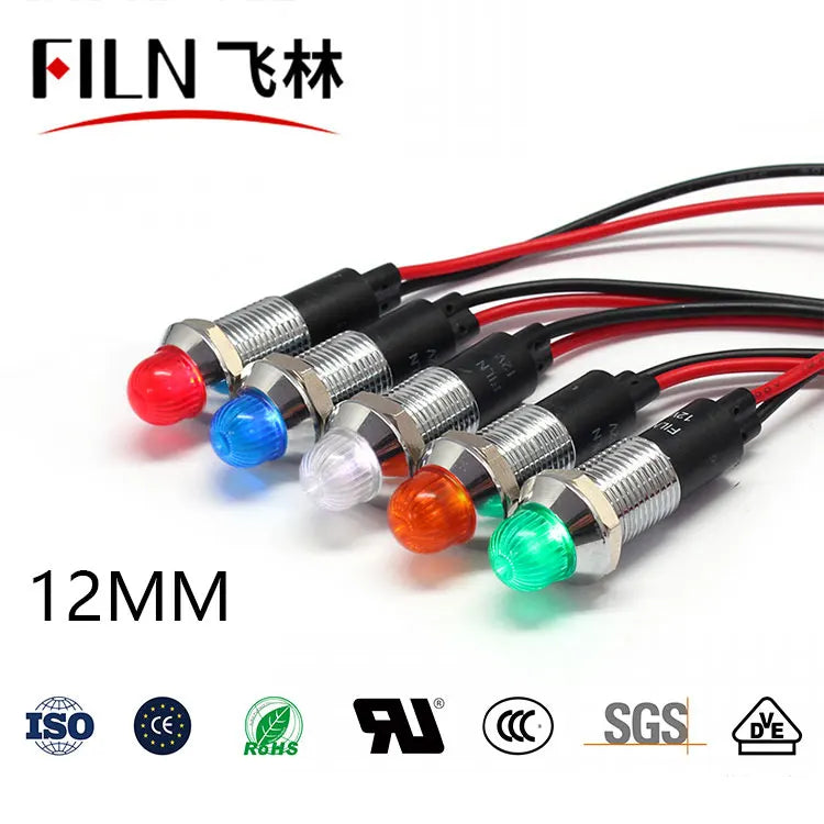 FILN 12mm LED Metal Indicator Light Waterproof IP67 Signal Lamp 3V 6V 12V 24V 110V 220V Red Yellow Blue Green White Pilot Seal
