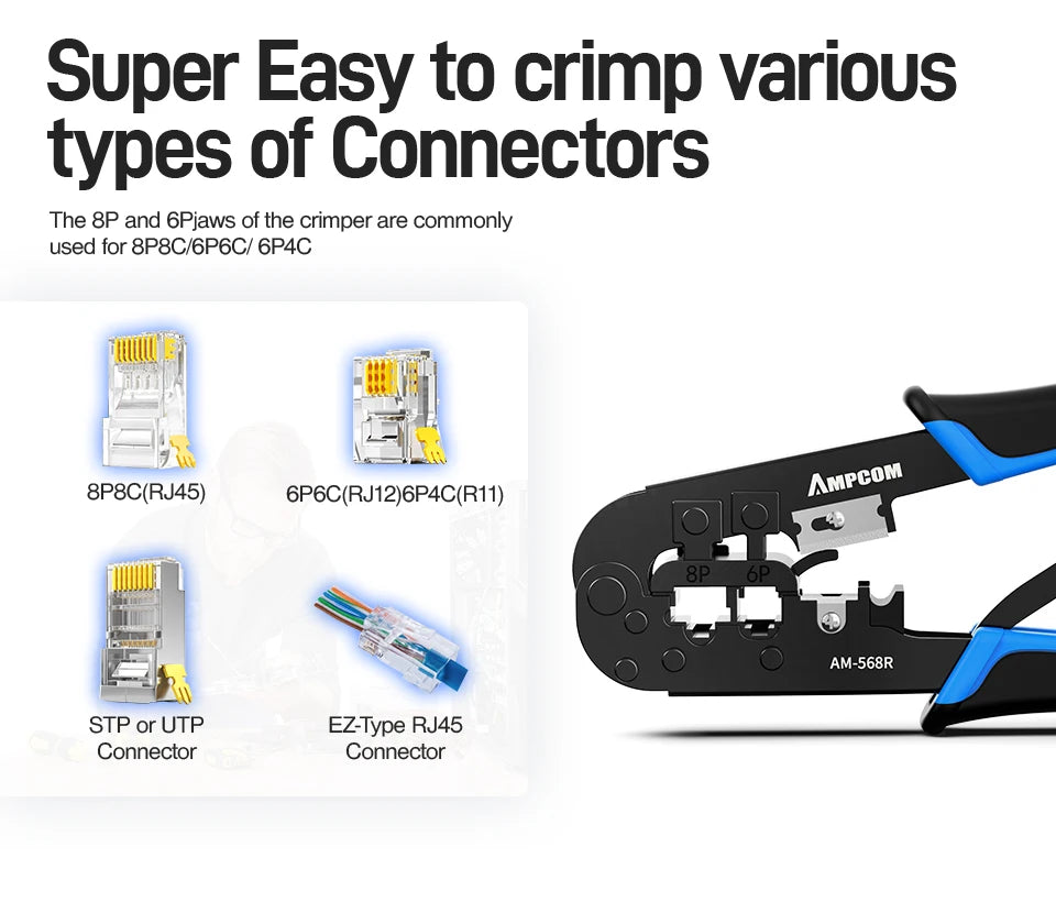 AMPCOM rj45 crimper RJ11 RJ45 Crimping Tool Ethernet Network LAN Cable Crimper Cutter Stripper Plier for 6P 8P RJ-11/RJ-12 RJ-45