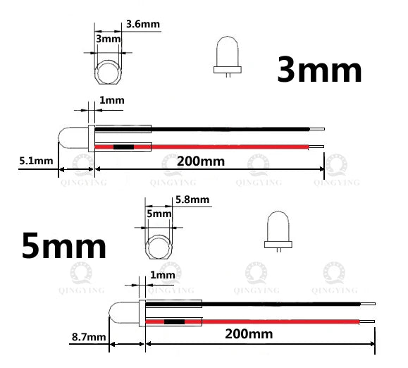 50pcs 3V 5V 12V 24V DC 3mm 5mm Water Clear LED Diodes Red/Green/Blue/Yellow/UV/Orange/Pink/Warm/White/RGB Pre-Wired 20cm Cable