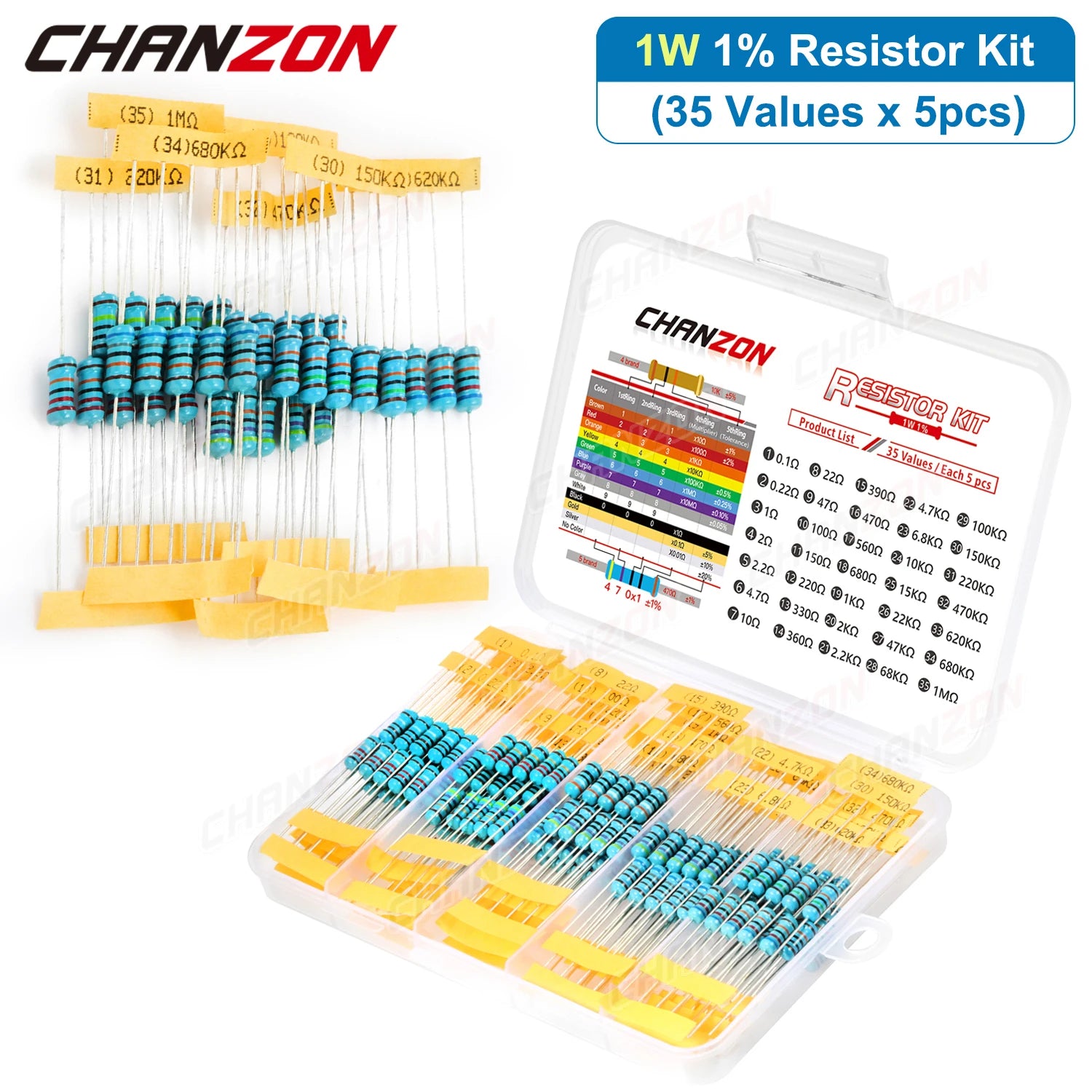 175pcs/Pack 35 Values 1W 1% High Precision Metal Film Resistors Kit 10 100 470 4.7K 10K Ohm 1 W Watt Resistance Assortment Set