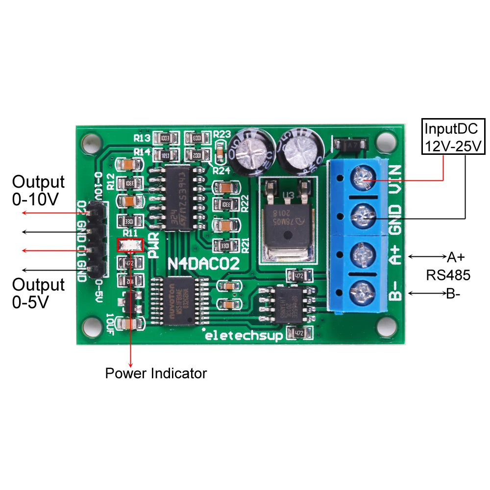 DC 12V 24V RS485 to 4-20mA/0-5V/0-10V Current/Voltage Converter RS485 to DAC Number-mode Conversion Module MODBUS RTU Control