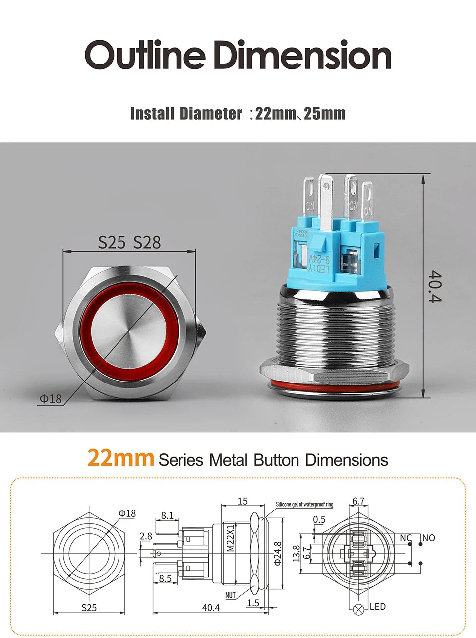 LANBOO 22B2 Economy Metal Pushbutton Switch / 1NO1NC / Momentary or Latching Available. Ring/Power Supply Button