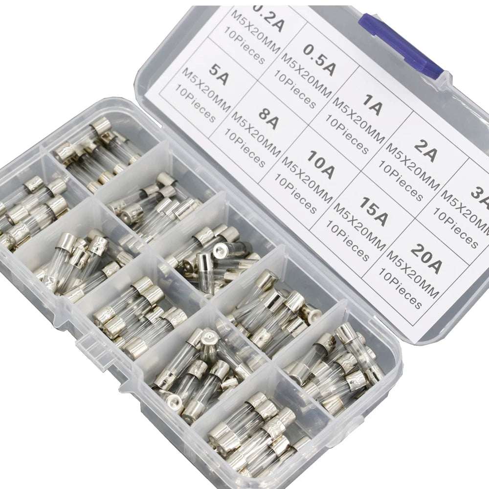 100Pcs Assorted Fast Blow 5x20mm Glass Tube Fuse Kit with Multiple Amp Ratings 0.2A-20A Quick Blow Fuses