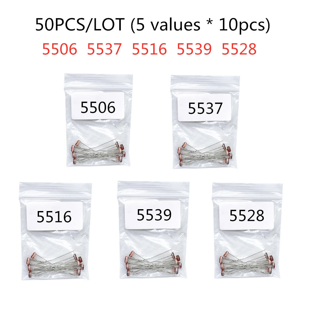 20-50pcs (5 values * 10pcs) LDR Photo Light Sensitive Resistor Photoelectric Photoresistor Kit for 5506 5516 5528 5537 5539