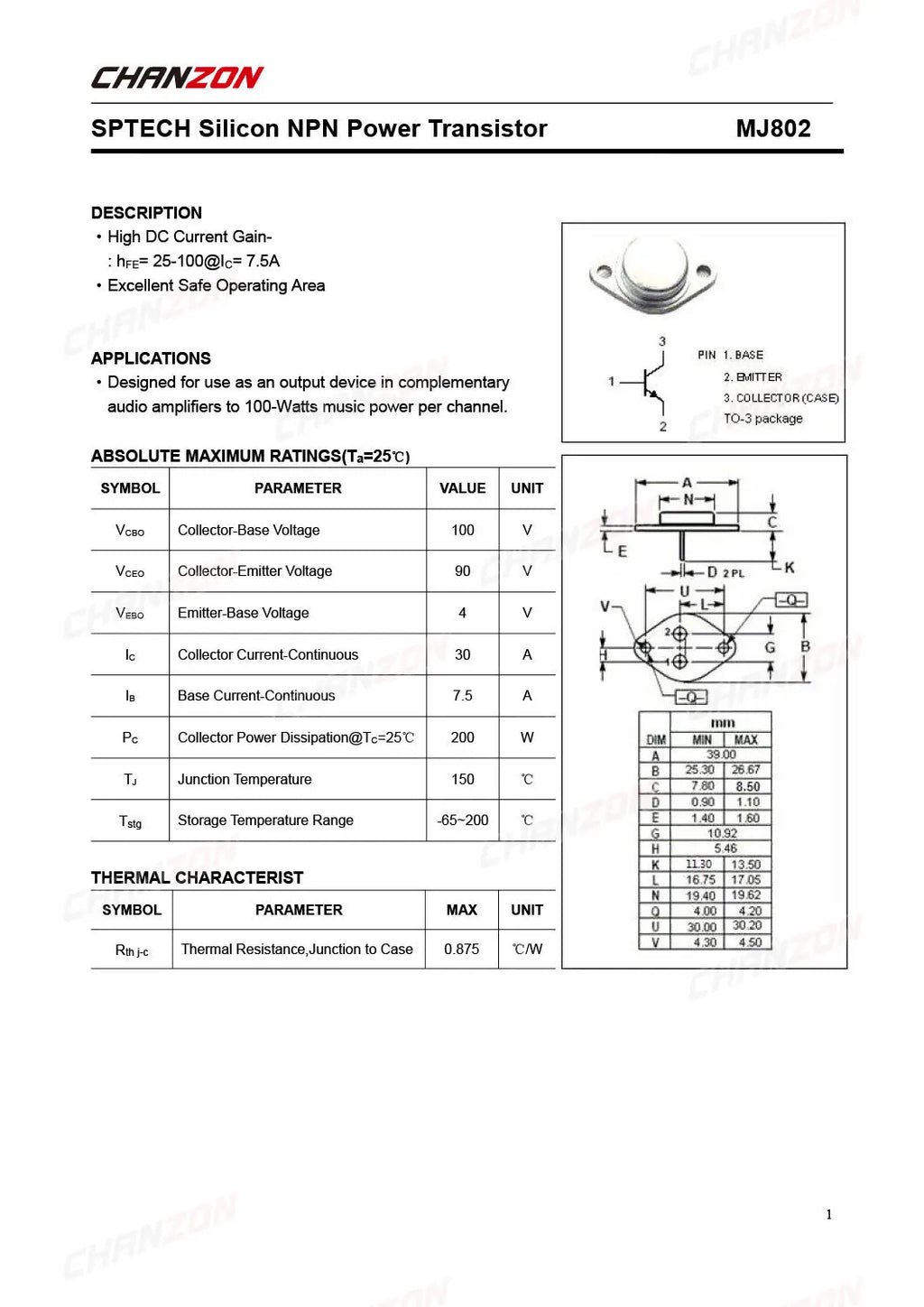 2Pcs MJ802 TO-3 Power Mosfet Transistor Bipolar Junction BJT Powerful Triode Tube Fets DIP 30A 90V Integrated Circuits
