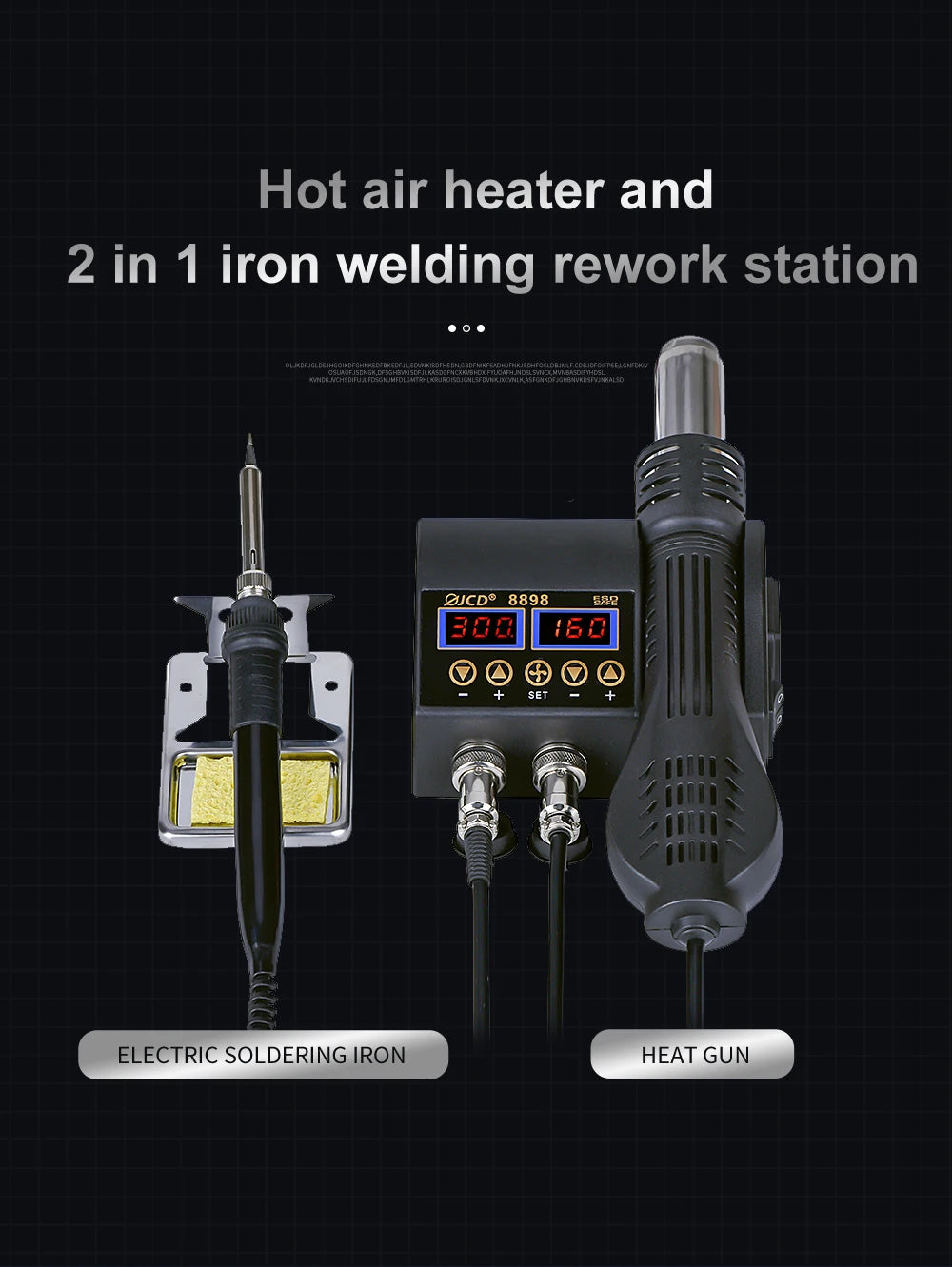 JCD 2 in 1 750W Hot Air Gun LCD Digital Display Welding Soldering Rework Station for Cell-phone BGA SMD PCB IC Solder Iron 8898