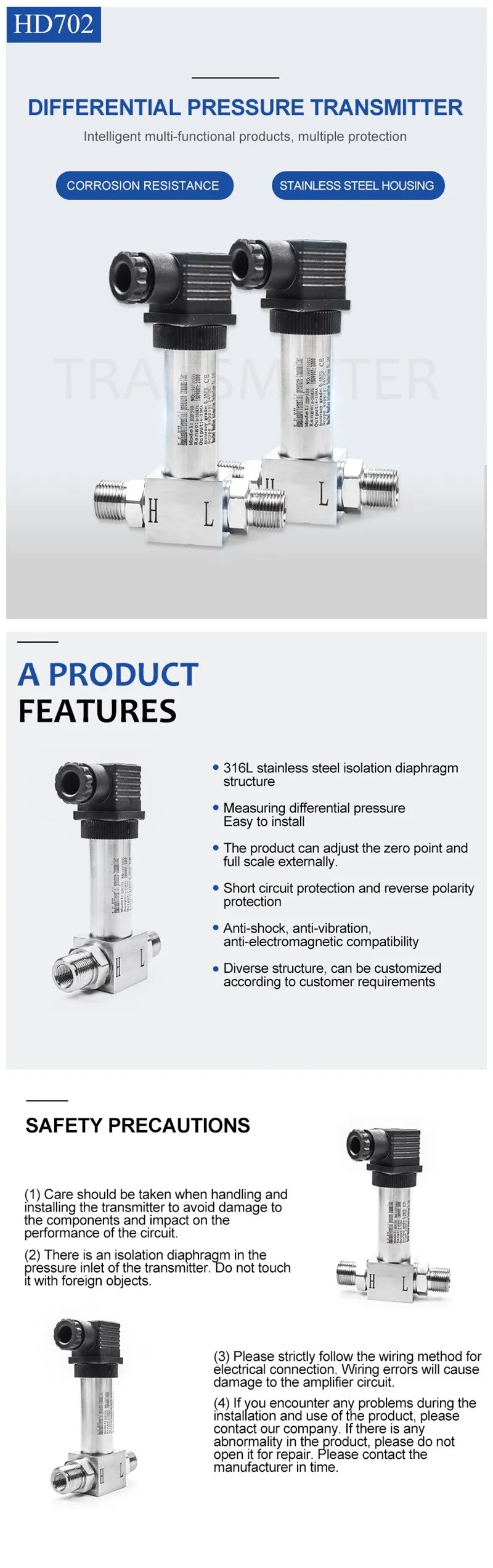 Waterproof Pressure Sensor With 0.1~6 Mpa Test Range 0.5% Accuracy and Diffused Silicon Core Differential Pressure Sensor