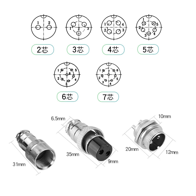 1Set GX12 Docking 2 3 4 5 6 7Pin Male& Female Circular Panel 12mm Metal Aviation Connector Butt Joint Aviation Plug Socket