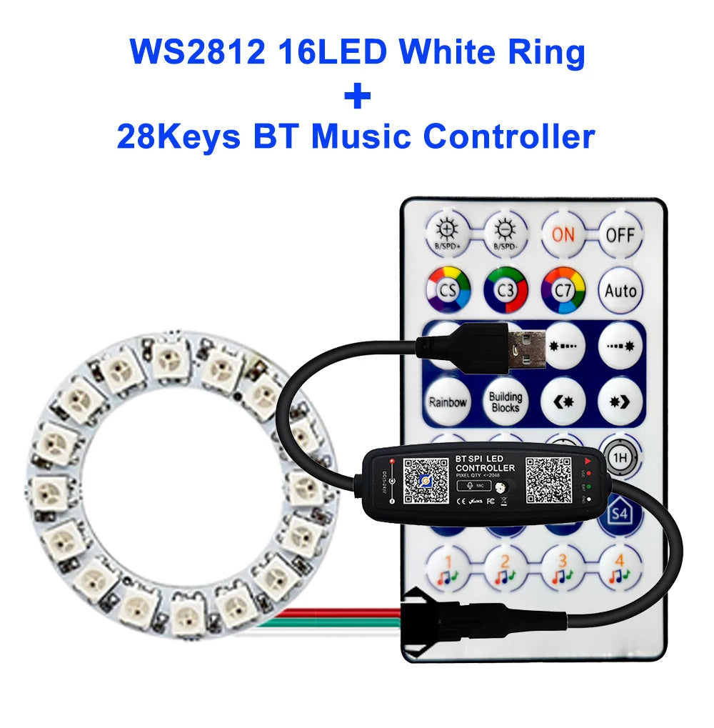 WS2812B Individually Addressable Led Ring 5050 RGB With USB 28Keys Bluetooth Music Controller Kit BuiIt-in 8/16/24/35/45 Pixels