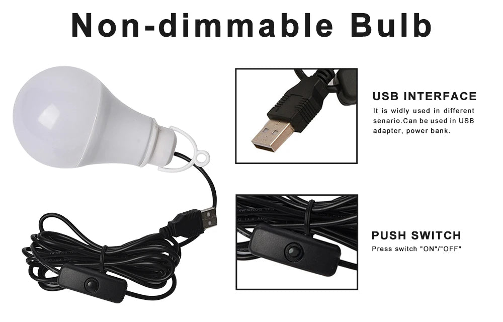 ZHMZH USB LED Bulb Stepless Dimming Brightness Three Color Switch Dimmable Hanging Lamp Light Bulb For Adapter Power Bank 10W