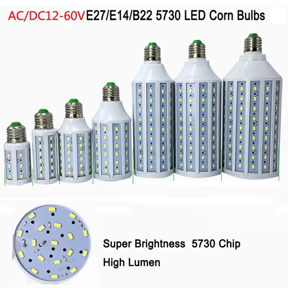 12-60v led corn bulbs smd 5730 12v 24v 36v 48v 60v LED corn light 7w 10w 15w 18w 25w 30W E27 B22 warm/cool white