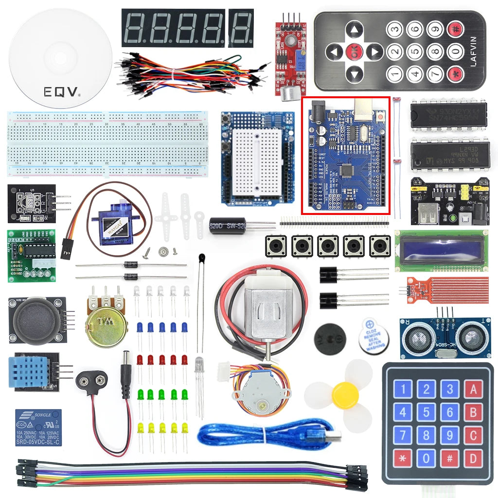 EQV Super Starter Kit for Arduino UNO R3 - Uno R3 Breadboard / Step Motor / SG90 Servo / 1602 LCD / jumper Wire / CD Tutorial