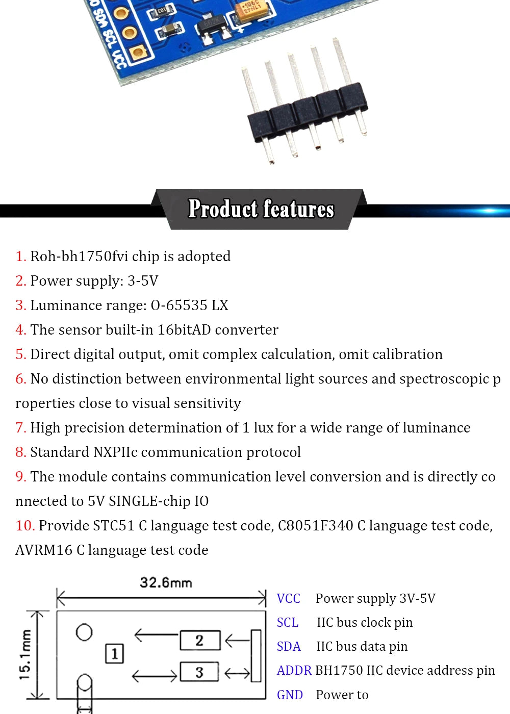 GY-302 GY-30 BH1750 BH1750FVI The digital optical intensity illumination sensor BH1750FVI of module for arduino 3V-5V