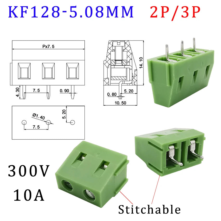 10Pcs KF128 2Pin 3Pin Screw Type PCB Terminal Block Wire Connector 2.54mm/3.5/3.96/5.0/5.08/7.5mm Straight Pin Splice Terminals