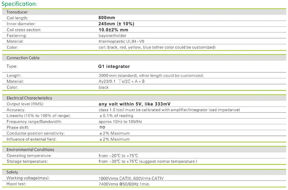 Big Coil FRC800-G1 Flexible Rogowski Coil input: 10KA output: 333mv 3v used for Energy Quality Monitoring and Analysis
