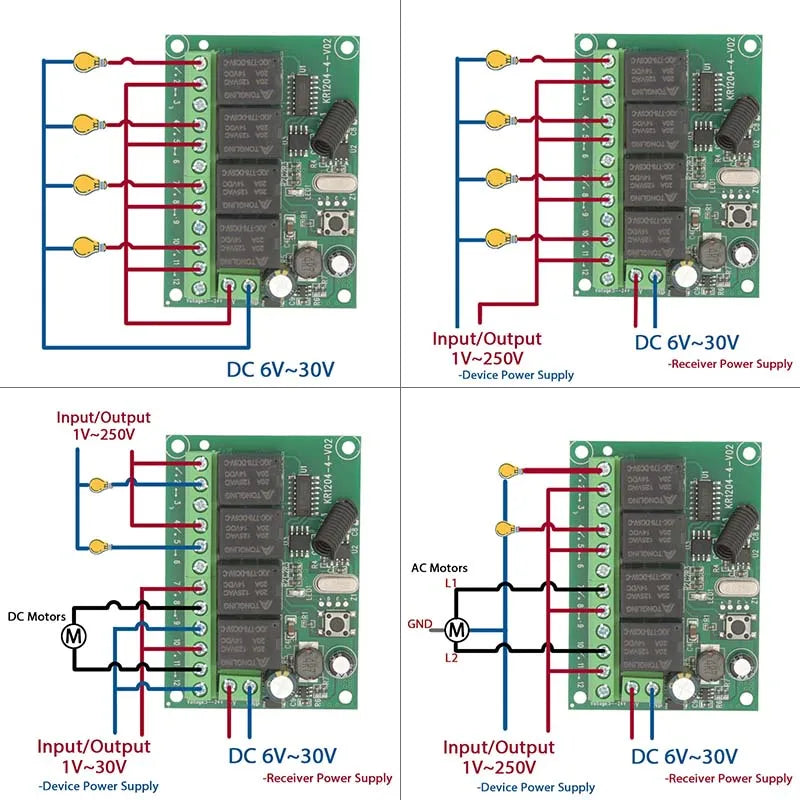 Wireless Remote Control DC 6V 12V 24V 30V 4CH RF Relay Receiver and 433MHZ Transmitter for Garage/Light/Motor/Home Appliance